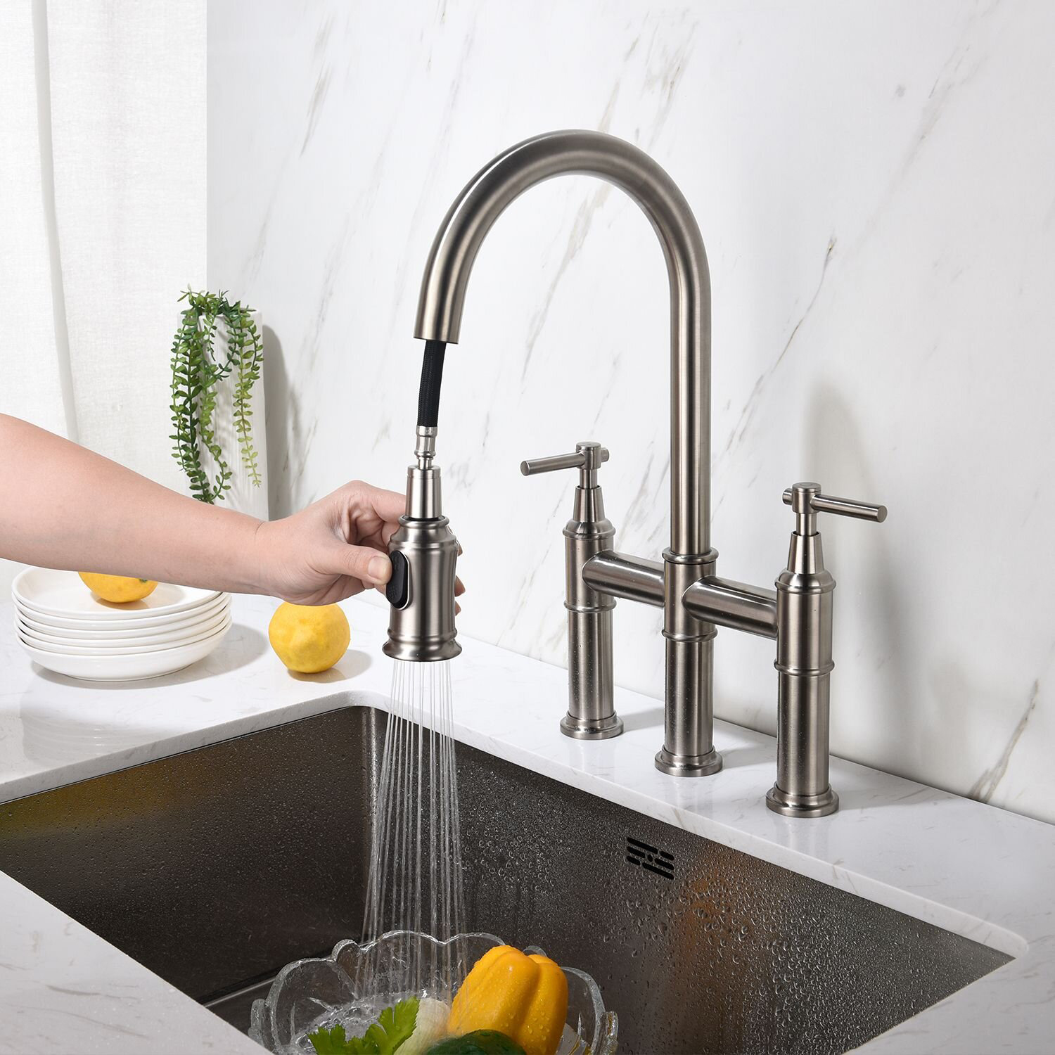 Bridge Kitchen Faucet with Pull-Down Sprayer Matte Black 3 Hole Kitchen Sink Faucet, Fingerprint Resistant Spot Free