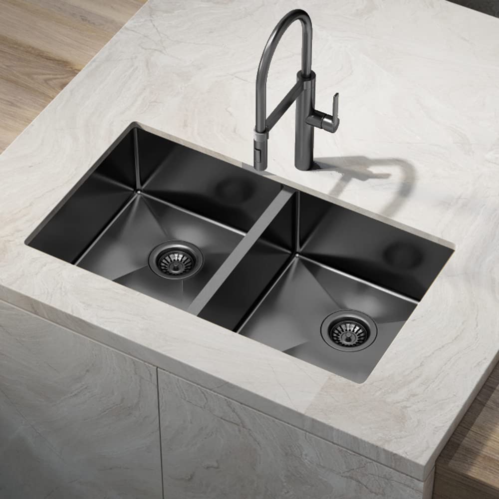 33 Inch 304 Stainless Steel Black Nano Handmade Undermount Double Bowl Kitchen Sink