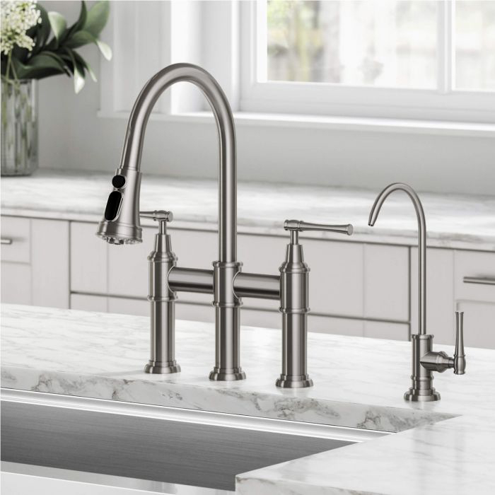 Brushed Nickel Pull Down Sprayer Bridge Kitchen Faucet with Water Filter Faucet