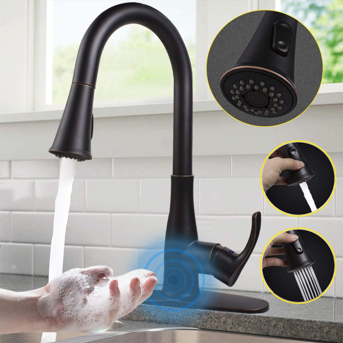 Aquacubic Ouchless Kitchen Faucets, Motion Sensor Automatic Kitchen Sink Faucet with Pull Down Sprayer Single Handle Dual Spray Setting Stainless Steel Oil Rubbed Bronze Black - 1 Or 3 Hole De