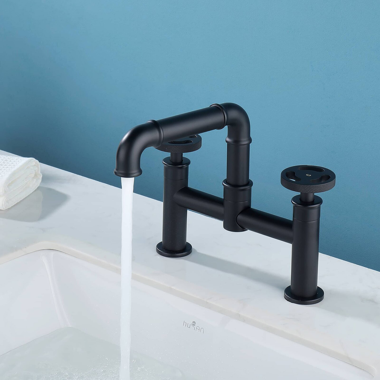 Aquacubic Bridge Faucet 2 Hole, 8-Inch Kitchen Sink Faucet 2 Handle Industrial Pipe Bathroom Vessel Sink Faucet