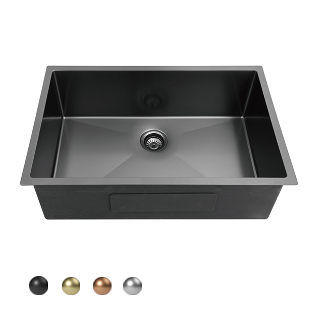 black stainless steel sink with white countertop