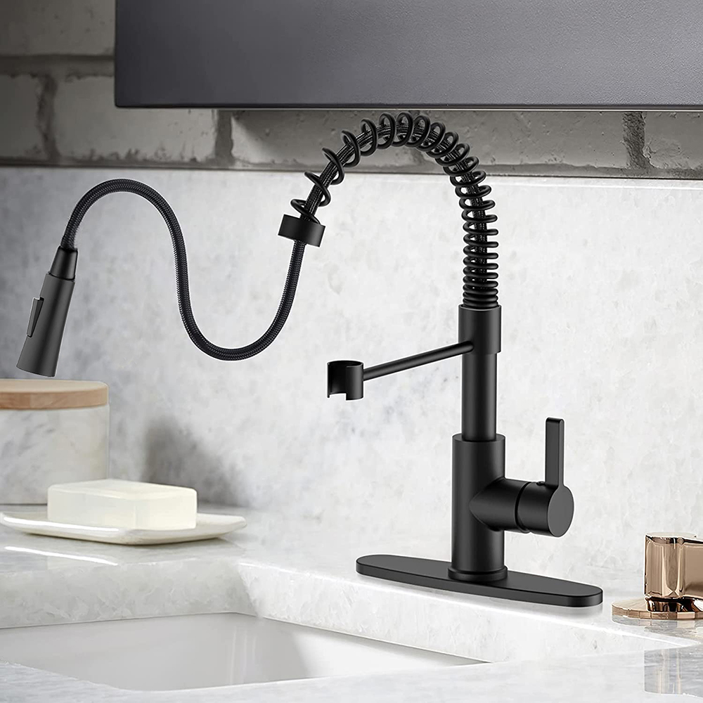 Single Handle Matte Black Pull Down Spring Kitchen Sink Faucet / Tap