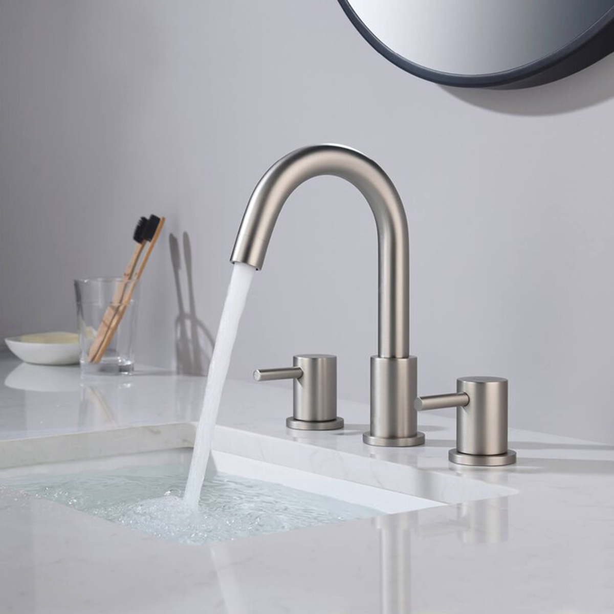 Aquacubic TwoHandle High Arc Widespread Brushed Nickel Bathroom Faucet