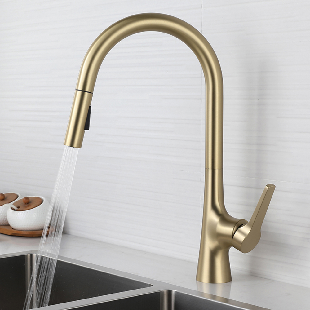 Single Handle Brushed Gold Pull Down Kitchen Faucet Kitchen Tap