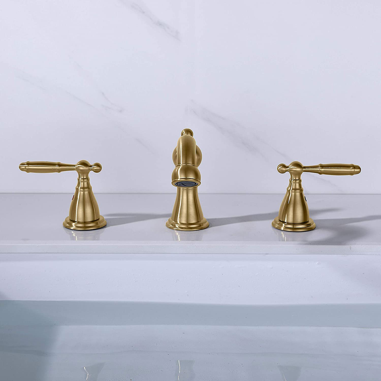 Aquacubic Modern Bathroom Sink Faucet 3 Holes 8 Inch Widespread Brushed Gold Assembly Basin Faucet Tap