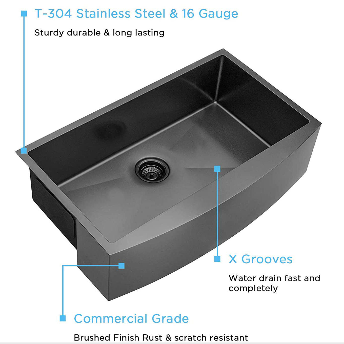 Aquacubic cUPC Certified Gunmetal Black Single Bowl Farmhouse Kitchen Sink