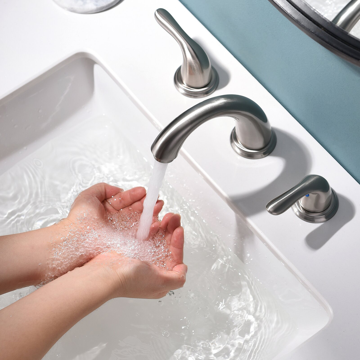 Aquacubic Brushed Nickel Deck Mount Widespread Brass Body Bathroom Basin Faucet