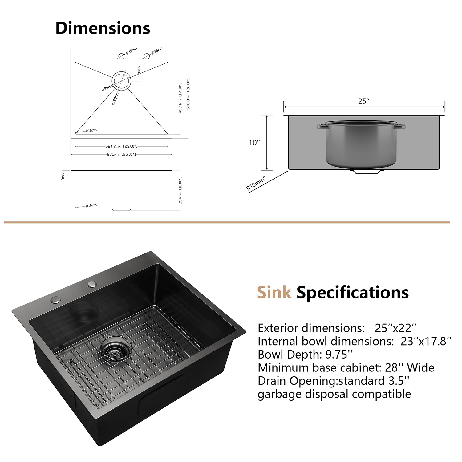 25 inch Stainless steel Single Bowl Topmount Kitchen Sink
