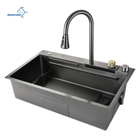 Aquacubic Design 31 inch Gunmetal Black 304 Stainless Steel Handmade Kitchen Workstation Sink with waterfall facet and accessories