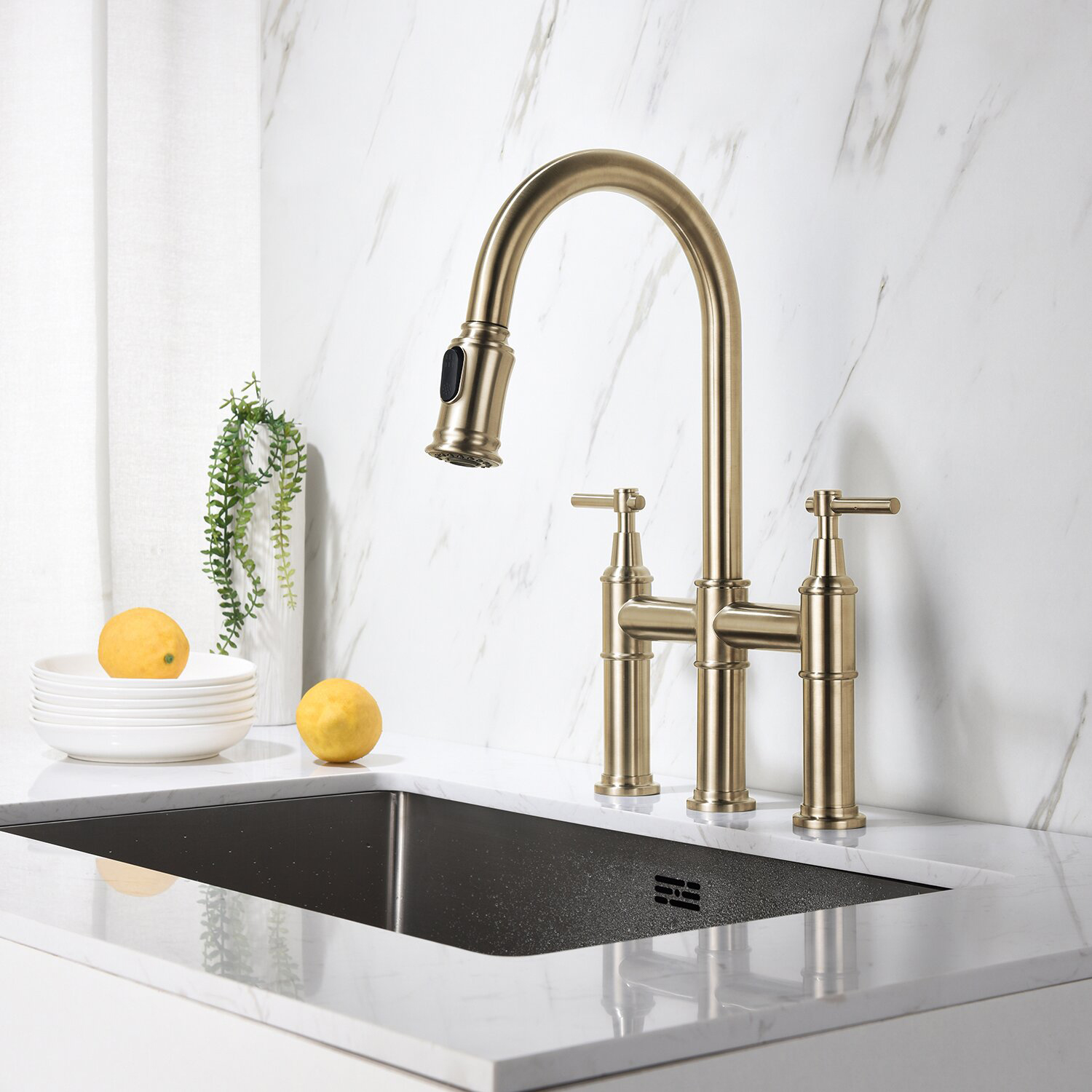 Aquacubic cUPC Brushed Gold Bridge Kitchen Faucet with Pull Down Sprayer 3 Hole Spot-Resistant Lead-Free Brass Kitchen Faucet 