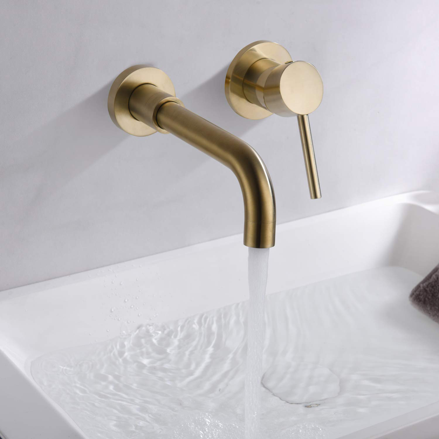 Solid Brass Single Handle Brushed Gold Wall Mounted Bathroom Sink Lavatory Faucet