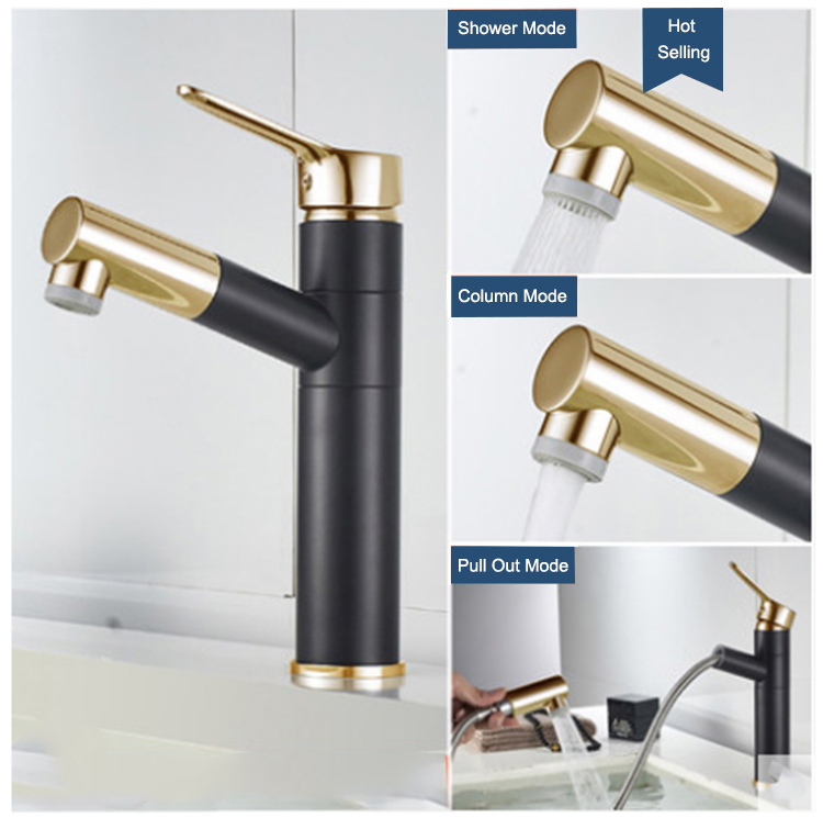 Aquacubic black gold pull out bathroom faucet water taps with Flexible drawing tube