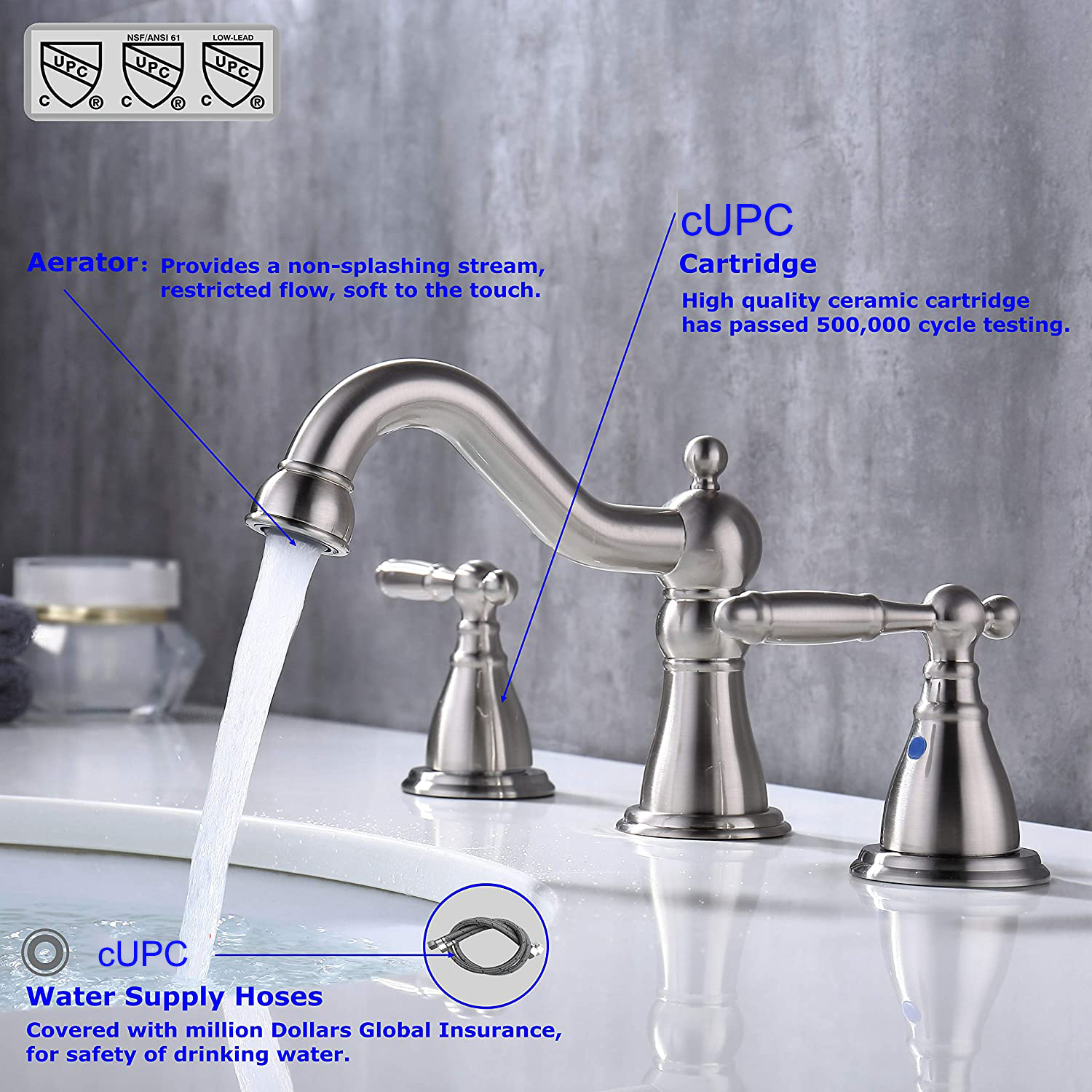 Aquacubic Modern Lavatory Sink Faucet 3 Holes 8 Inch Widespread Assembly Bathroom Basin Faucet Taps