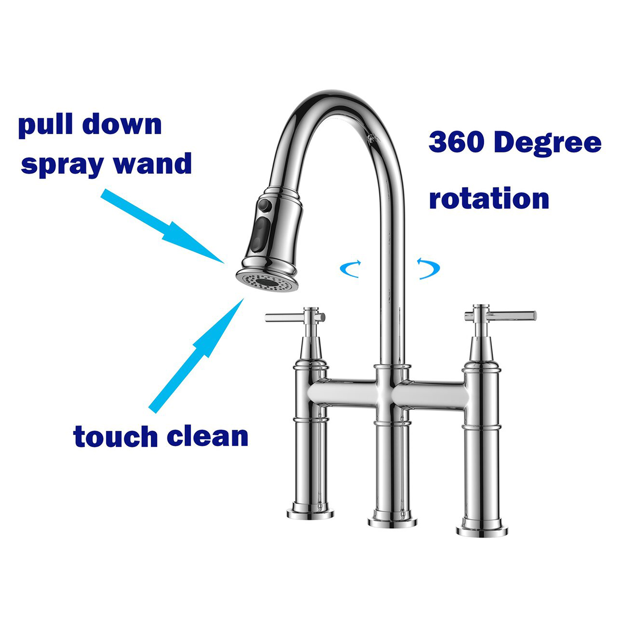Aquacubic Transitional Bridge Kitchen Faucet with Pull Down Sprayer in