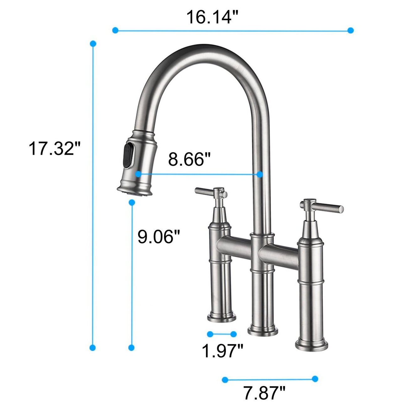 Aquacubic Three Hole Two Lever Handles Transitional Bridge Kitchen Faucet with Pull Down Sprayer in Polished Chrome