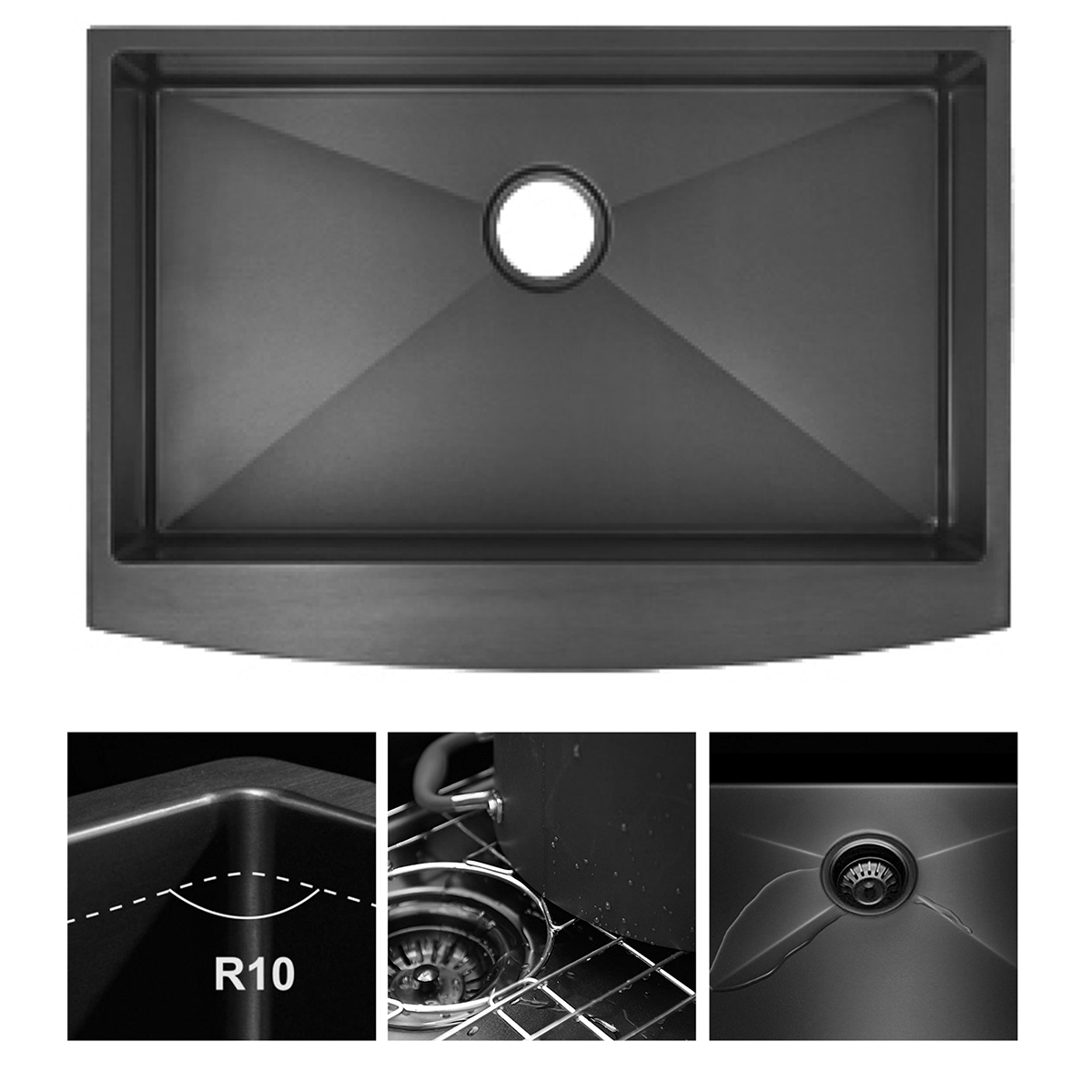 Stainless Steel Handmade Farmhouse Apron Front UPC Black Kitchen Sink